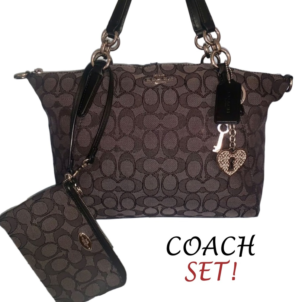 NWOT Coach signature canvas leather gray & black tote bag & wristlet wallet set